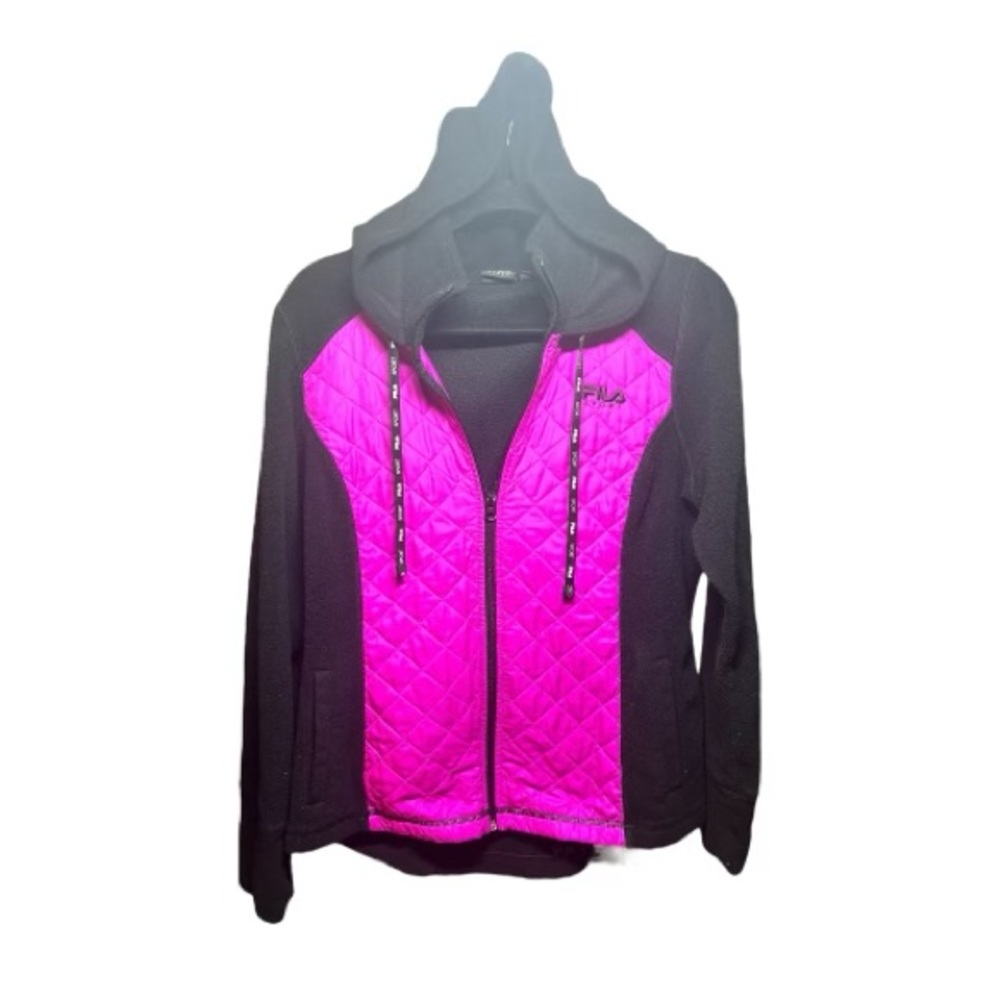 Fila Sport Jacket SZ Large pockets hoodie zip up quilted pink black